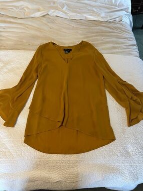 Karen Kane Golden Mustard Layered V-Neck Bell Sleeve Blouse